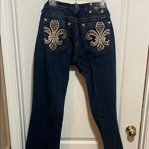 Miss Me Dark Blue Flare Jeans with Fleur-de-Lis Embellishments